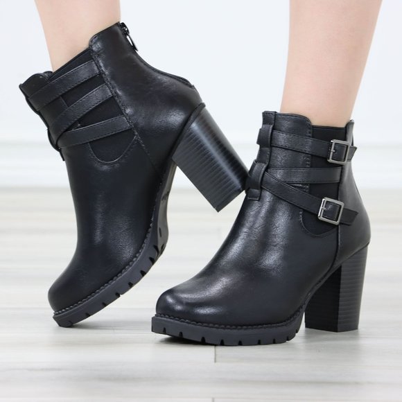 Shoes - Black Ankle Boots Chunky Lug Block Heel Synthetic Leather Round Toe